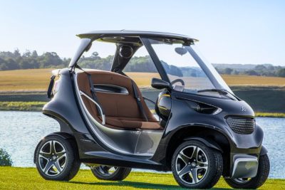 Luxury golf cart interior with leather seats